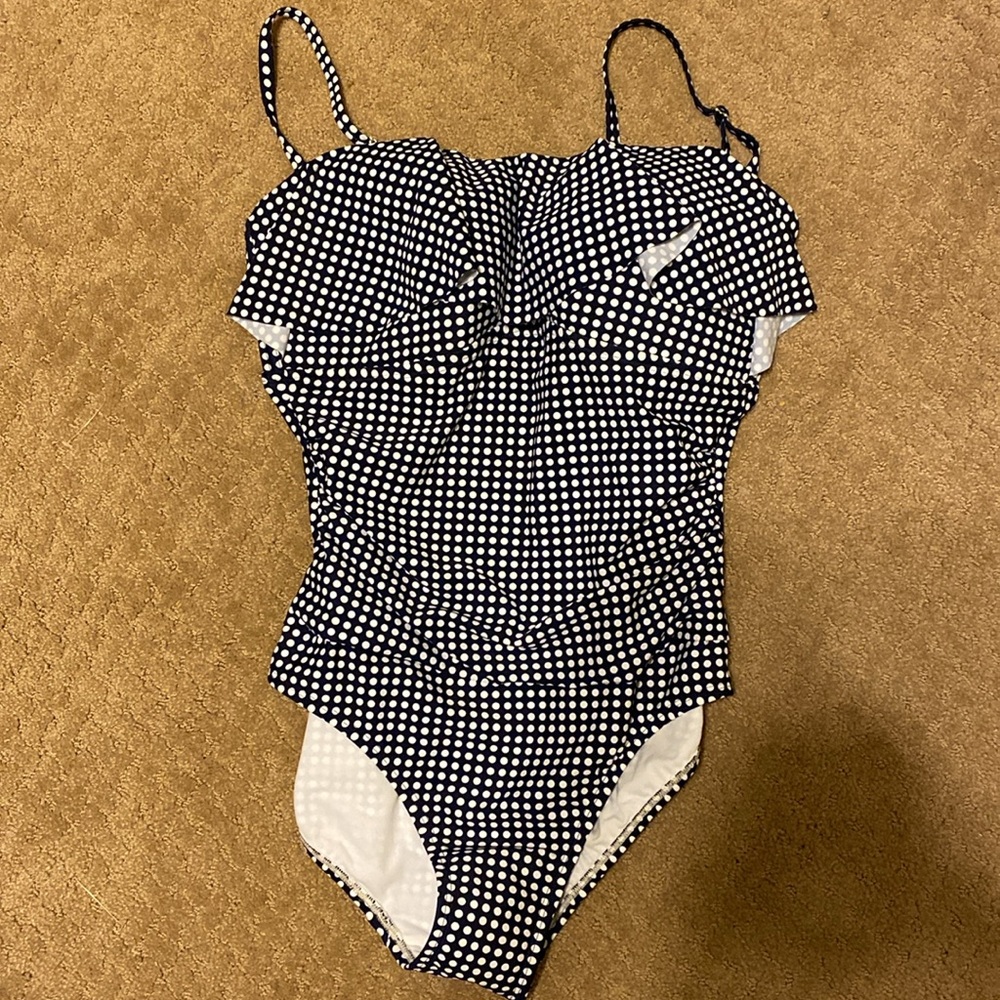 NWT Kona Sol - Navy/white polka dot one piece bathing suit w/ruffles, Size: L